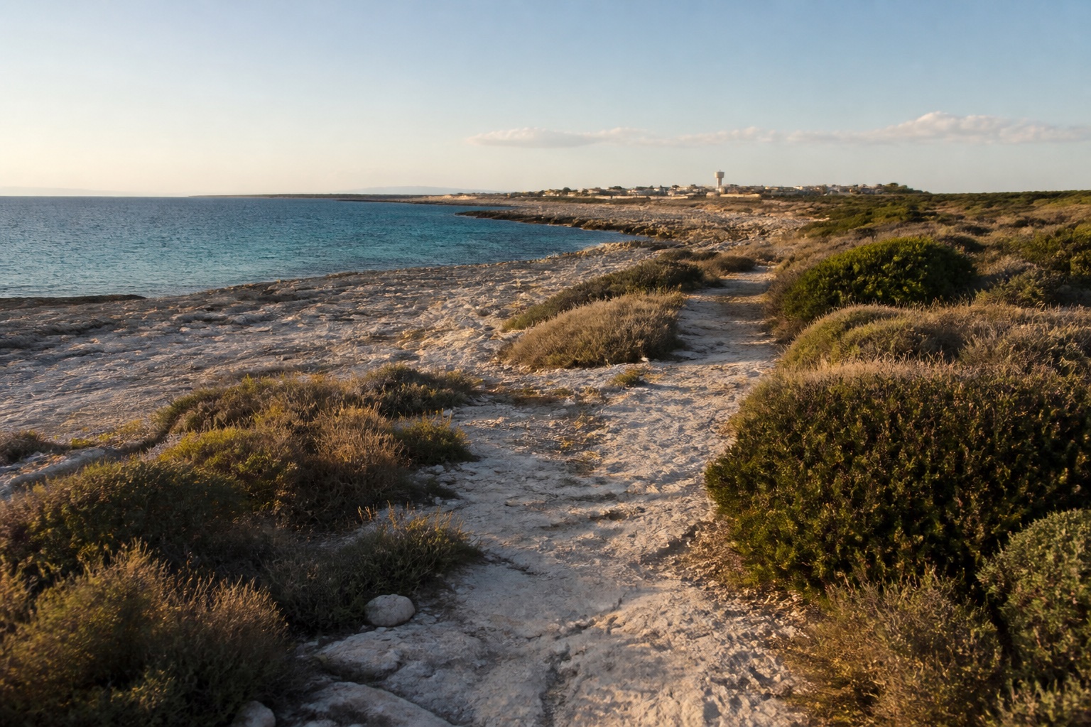 Costa calcarea di Pianosa in ottobre con macchia mediterranea e mare blu
